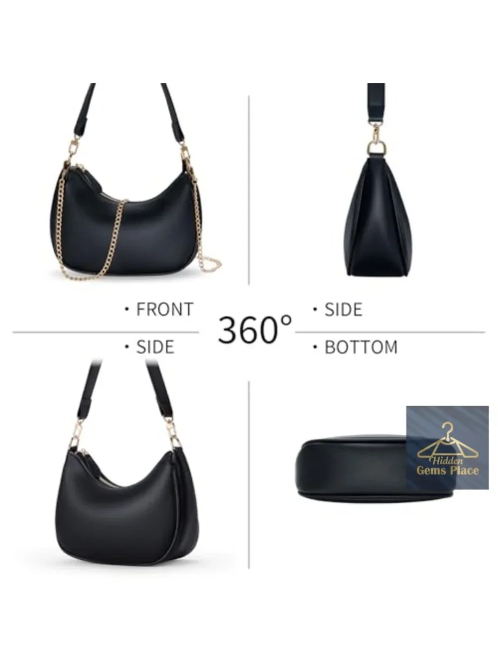Hobo Shoulder Bag with Gold Chain Strap, Adjustable, PU Leather, Large Capacity
